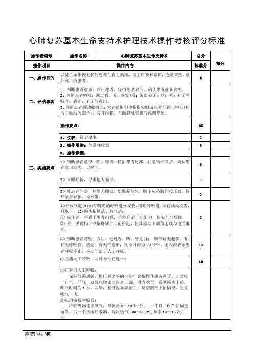 心肺复苏基本生命支持术护理技术操作考核评分标准