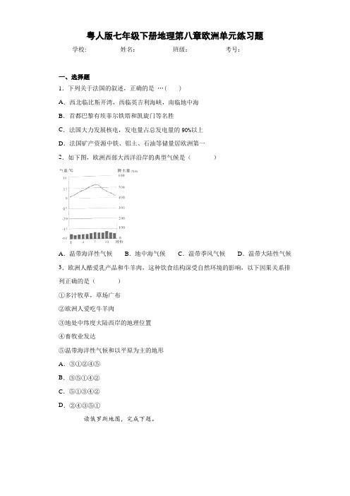 七年级下册地理第八章欧洲单元练习题(含答案和解析)