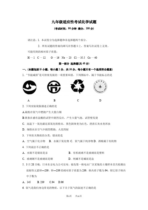 九年级适应性考试化学试题