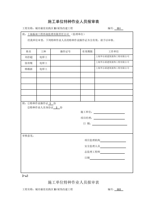 施工单位特种作业人员报审表