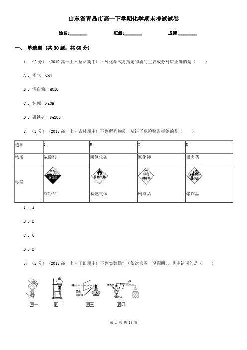 山东省青岛市高一下学期化学期末考试试卷