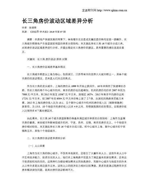 长三角房价波动区域差异分析