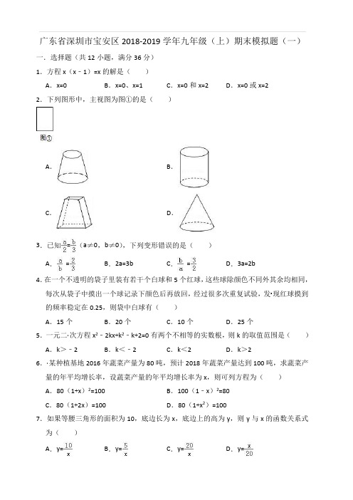 深圳市宝安区2018-2019学年九年级上期末模拟试题(一)含答案解析