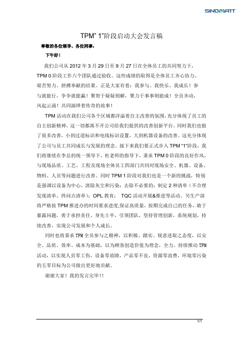 TPM-1阶段部门负责人发言稿