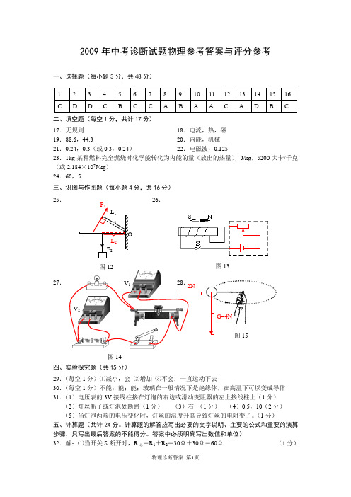 2009年中考诊断试题物理参考答案与评分参考