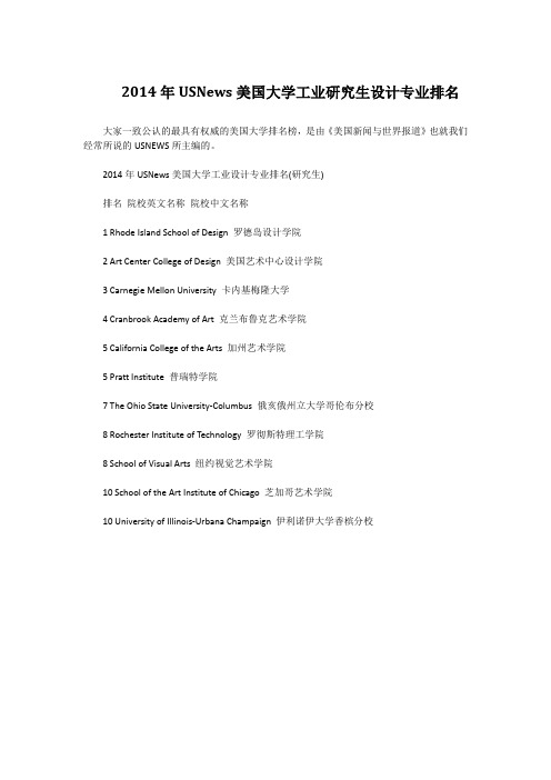 2014年USNews美国大学工业研究生设计专业排名