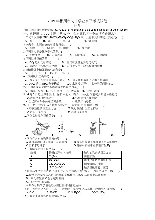 2019年郴州化学中考(word版)