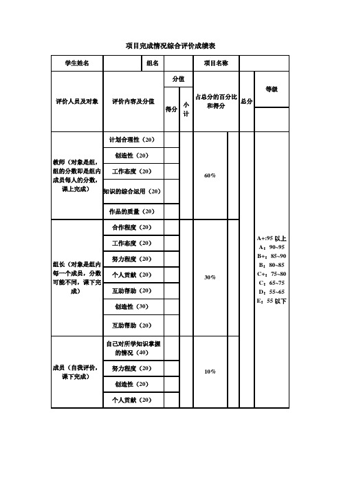 项目完成情况综合评价成绩表