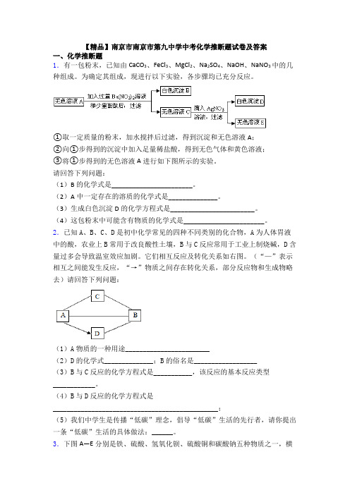 【精品】南京市南京市第九中学中考化学推断题试卷及答案