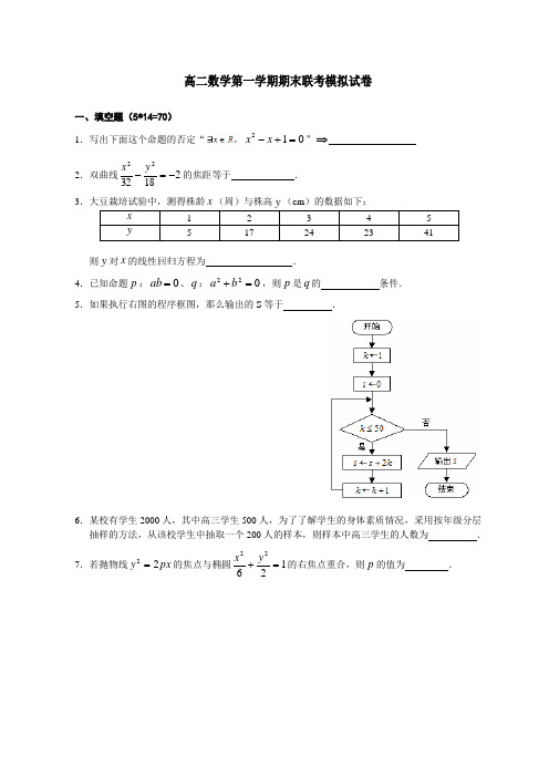 高二数学第一学期期末联考模拟试卷