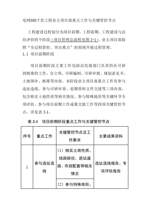 电网500千伏工程业主项目部重点工作与关键管控节点