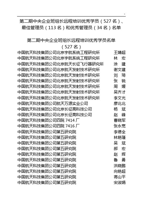 二期中央企业单位班组长远程培训优秀学员名单资料