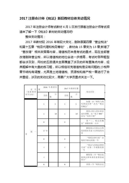 2017注册会计师《税法》新旧教材总体变动情况