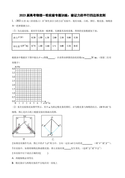 2023届高考物理一轮实验专题训练：验证力的平行四边形定则(word版含答案)