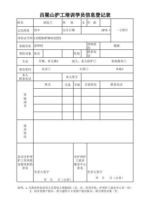 吕梁山护工培训 学员信息登记表