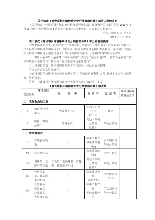 关于修改《建设项目环境影响评价分类管理名录》部分内容的决定