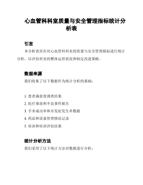 心血管科科室质量与安全管理指标统计分析表