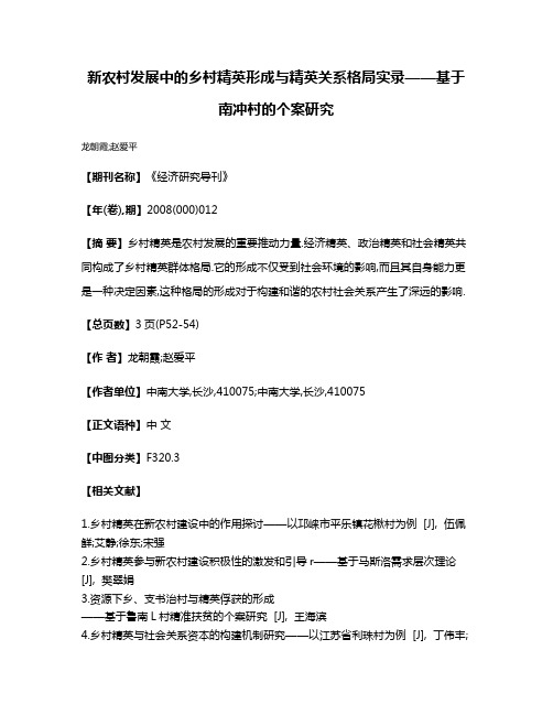 新农村发展中的乡村精英形成与精英关系格局实录——基于南冲村的个案研究