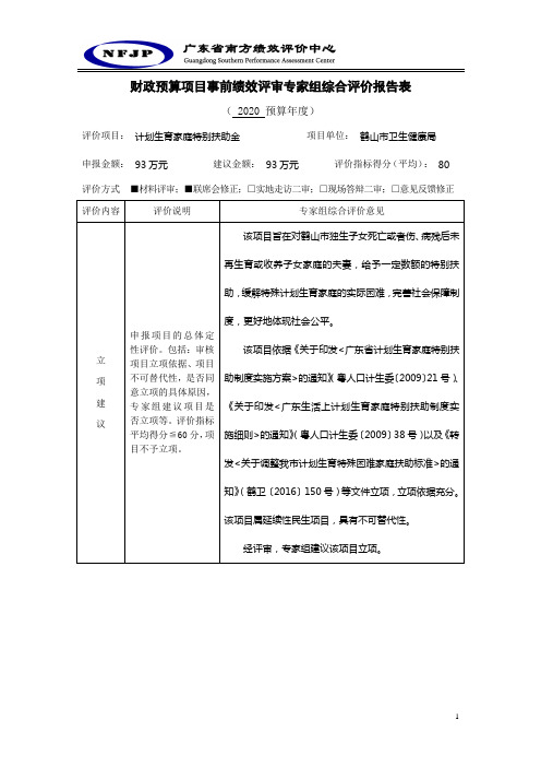 财政预算项目事前绩效评审专家组综合评价报告表.doc