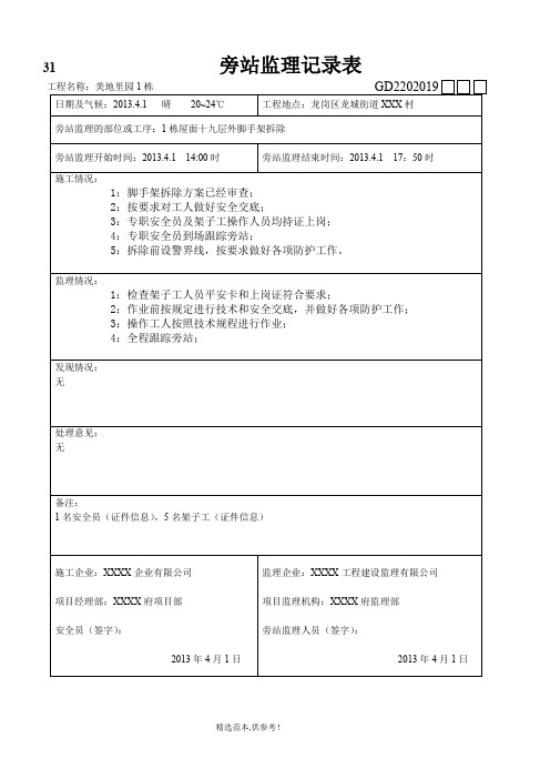 外架拆除安全旁站监理记录表