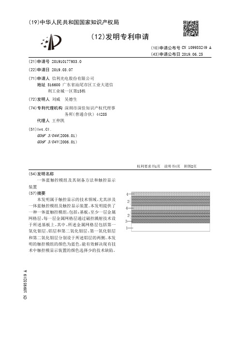 【CN109933249A】一体蓝触控模组及其制备方法和触控显示装置【专利】