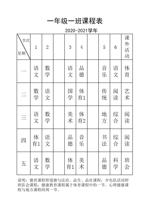 小学一年级各班级课程表