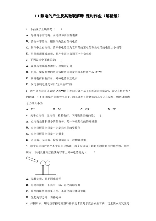 1-1静电的产生及其微观解释 课时作业(解析版)21-22高二上学期物理鲁科版(19)必修第三册