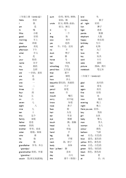 小学湘少版英语单词(三年级到六年级)