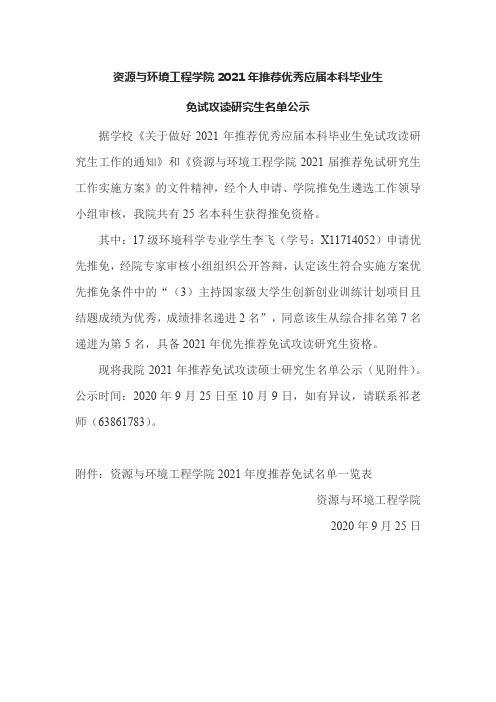 资源与环境工程学院2021年推荐优秀应届本科毕业生