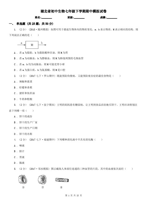 湖北省初中生物七年级下学期期中模拟试卷