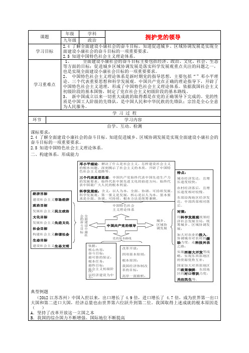 江苏连云港东海县平明镇中学九年级政治全册《拥护党的领导》学案(无答案) 苏教版