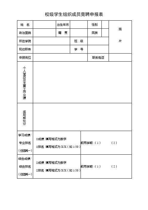 校级学生组织成员竞聘申报表