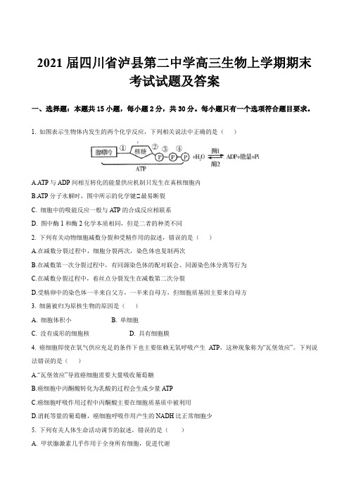 2021届四川省泸县第二中学高三生物上学期期末考试试题及答案