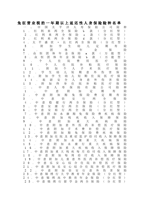 免征营业税的一年期以上返还性人身保险险种名单