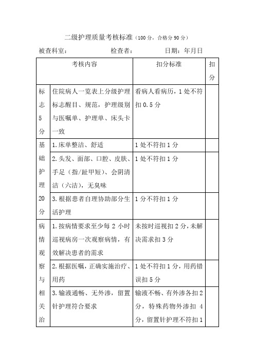 二级护理质量考核标准