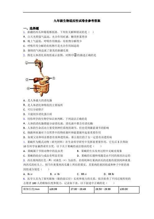 九年级生物适应性试卷含参考答案