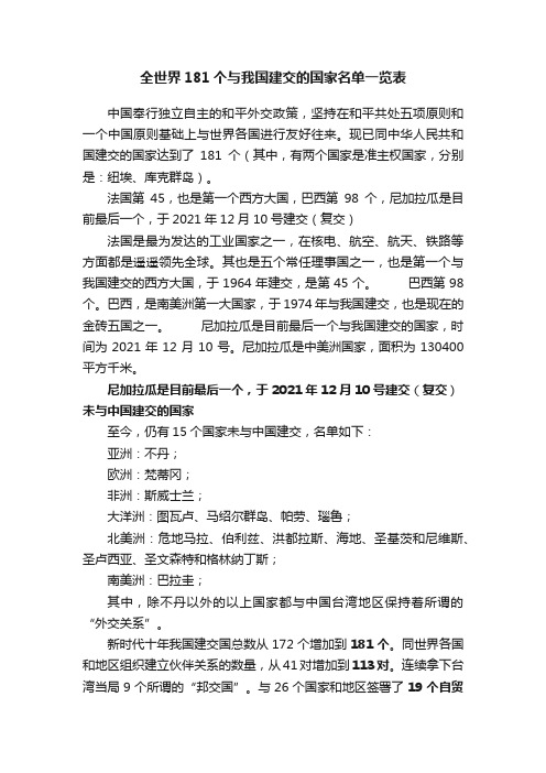 全世界181个与我国建交的国家名单一览表