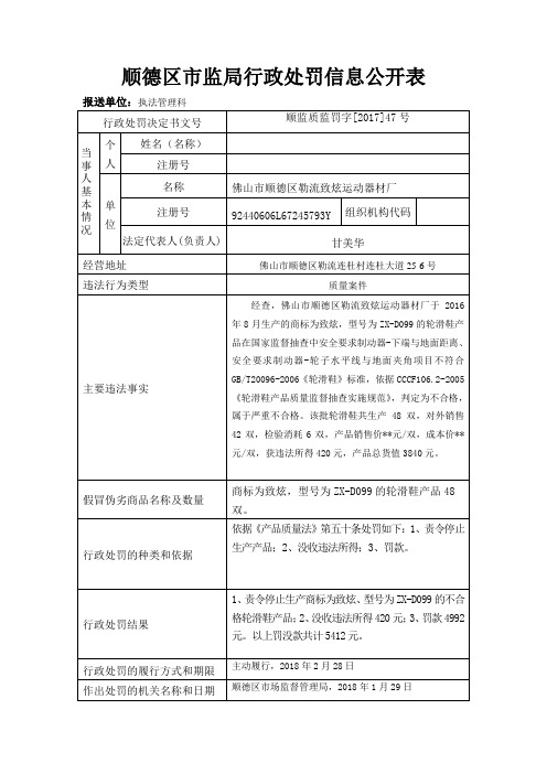 顺德区市监局行政处罚信息公开表