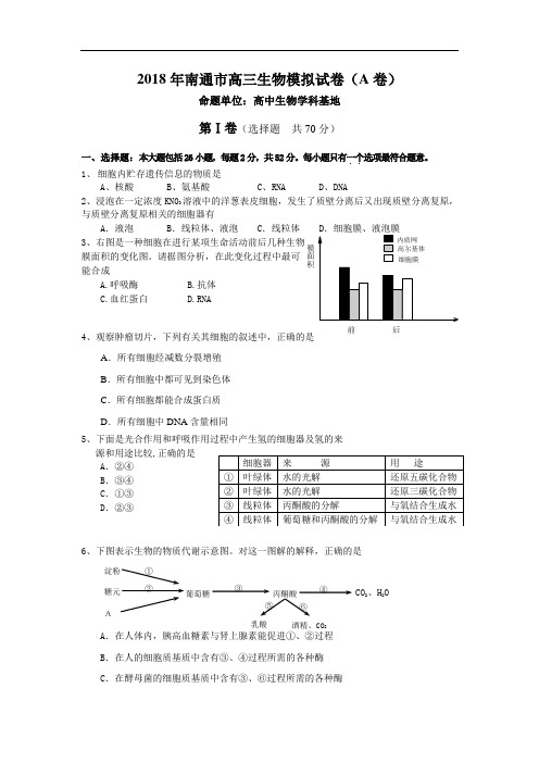 精品 2018年南通市高三生物模拟试卷(A卷)-高考生物