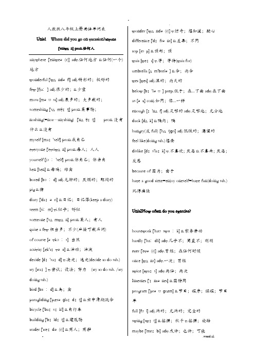 人教版八年级上册英语单词表带音标及词性