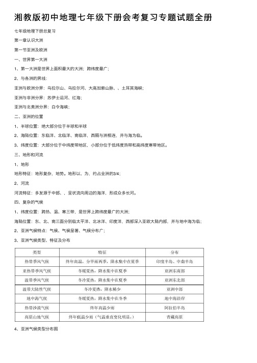 湘教版初中地理七年级下册会考复习专题试题全册