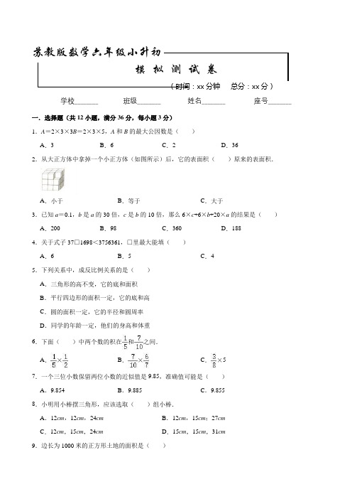 苏教版数学小升初押题卷(含答案解析)