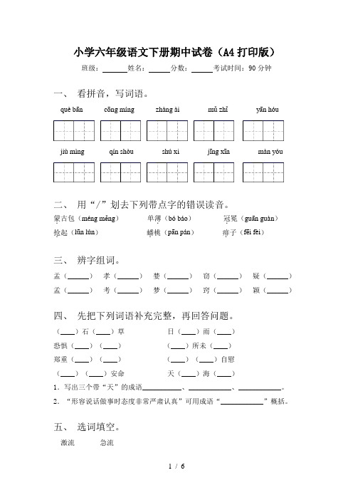 小学六年级语文下册期中试卷(A4打印版)