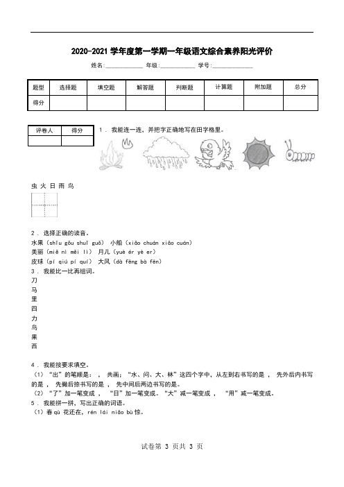 2020-2021学年度第一学期一年级语文综合素养阳光评价.doc