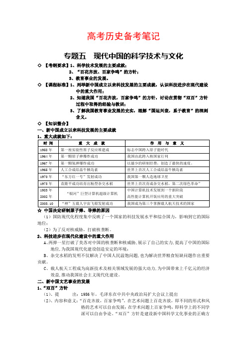 专题五  现代中国的科学技术与文化(高考历史知识点归纳)