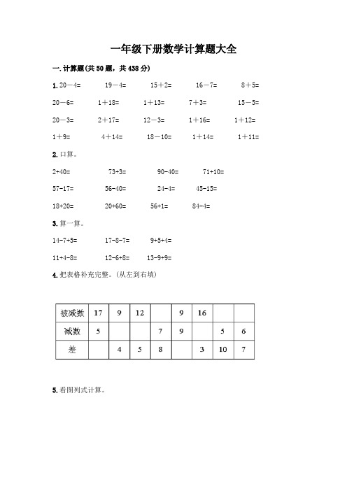 一年级下册数学计算题大全【精选题】