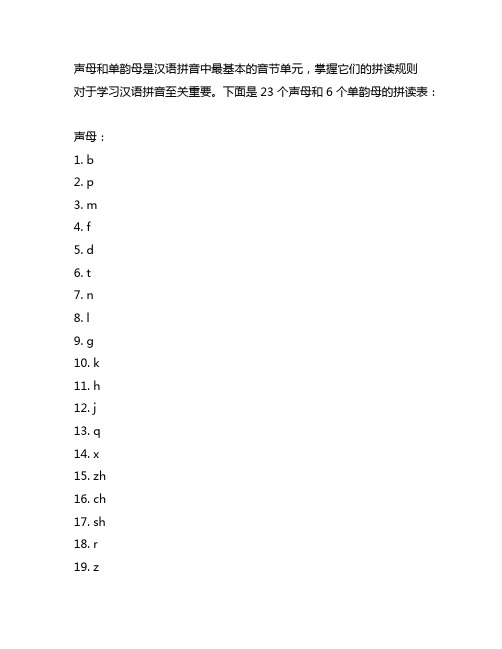 23个声母和6个单韵母拼读表