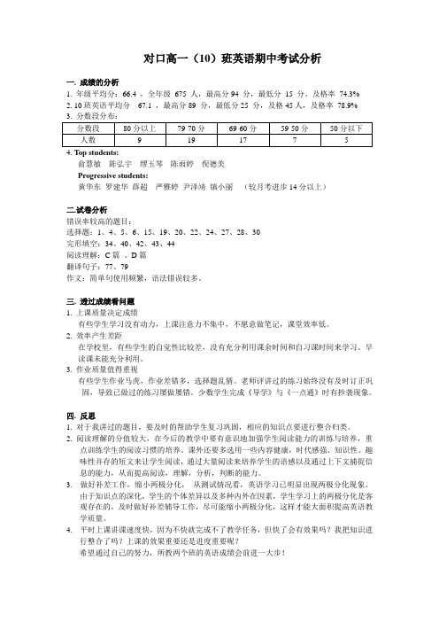 对口高中高一英语试卷分析