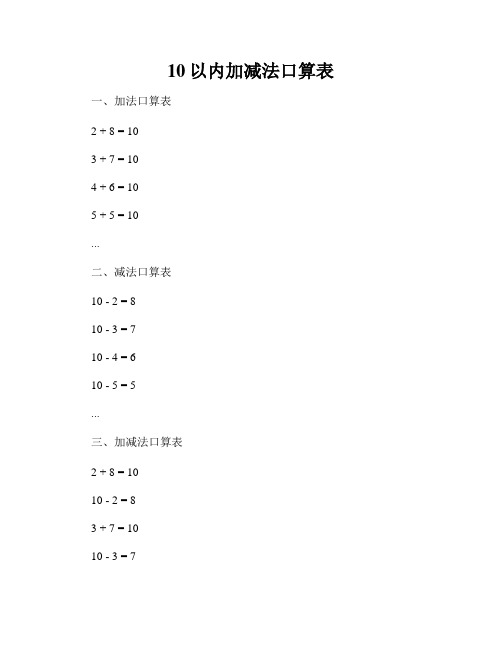 10以内加减法口算表