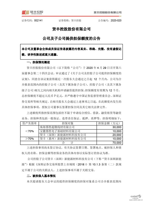 贤丰控股：公司及子公司提供担保额度的公告